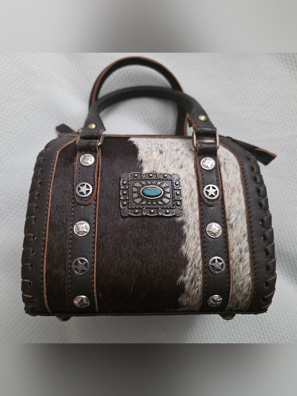 Brown & White Cowhide Leather Accent Satchel with Turquoise Concho